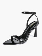 Black Leather Square Toe Ankle Strap High Heel Sandals