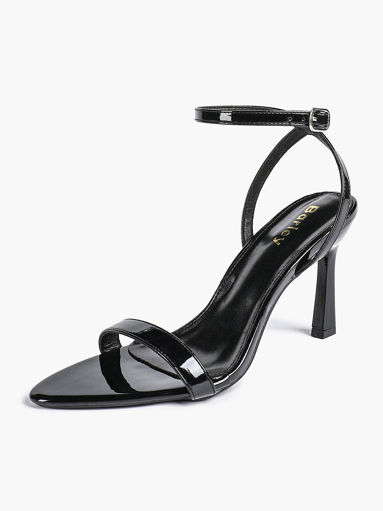 Black Leather Square Toe Ankle Strap High Heel Sandals