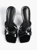 Women's Patent Leather Crisscross Strap High Heel Mules Square Toe Slip-On Stiletto Sandals