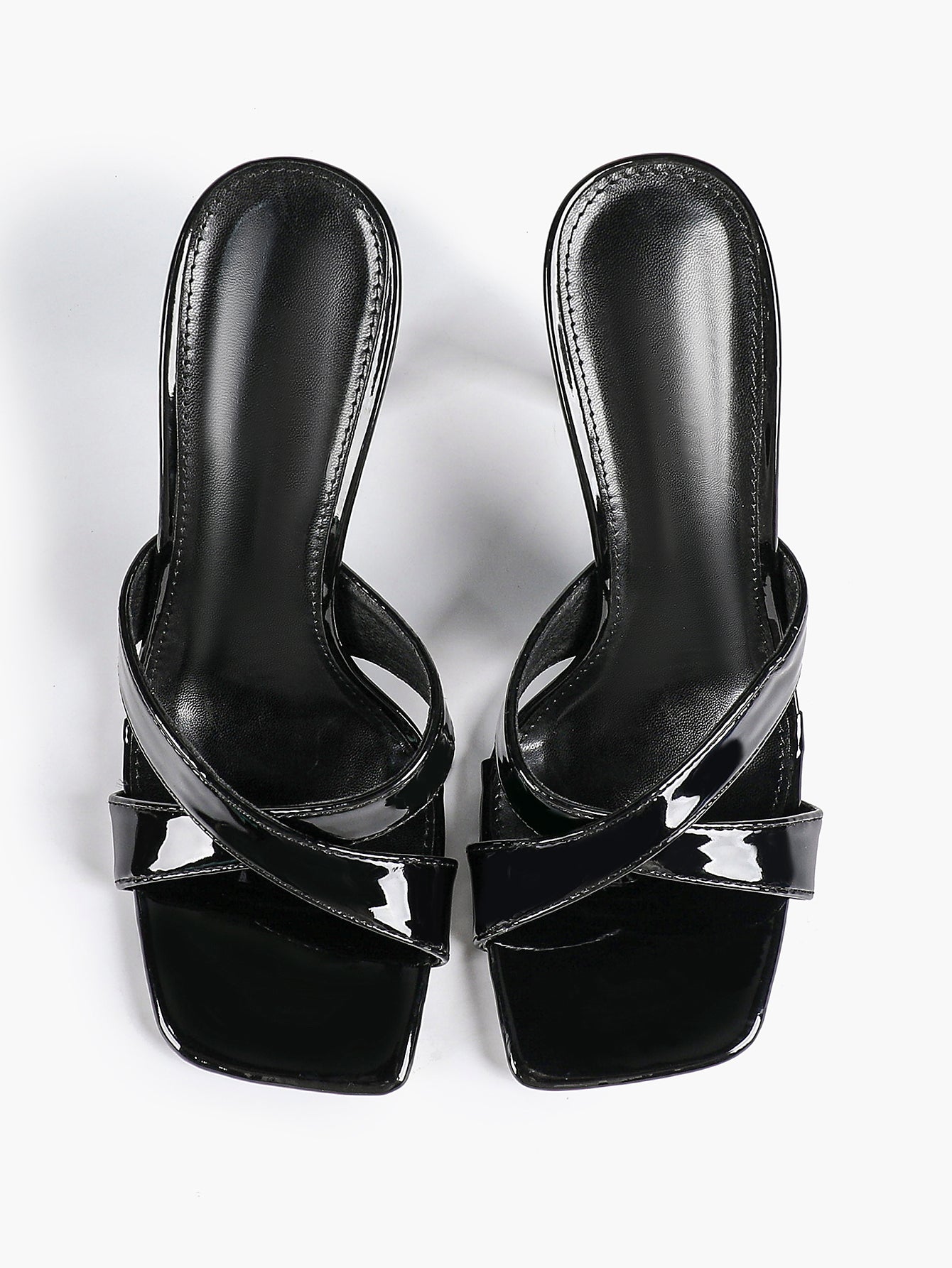Women's Patent Leather Crisscross Strap High Heel Mules Square Toe Slip-On Stiletto Sandals