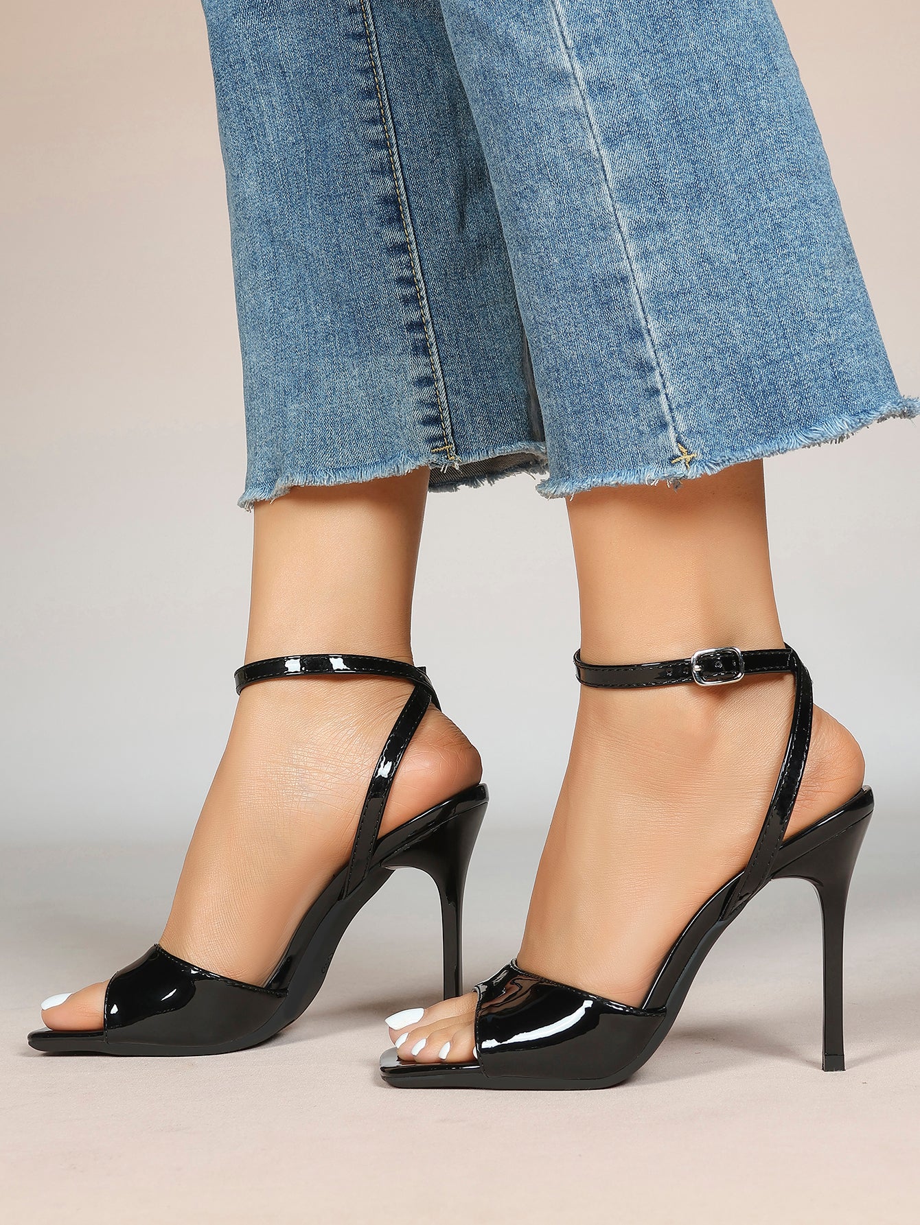 Women's Black Square Toe Ankle Strap Heeled Sandals Wedding Party Casual Shoes