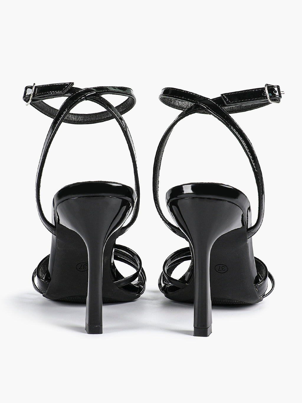 Women's Black Patent Leather Multi-Strap Ankle Strap Heeled Sandals - Summer Party Heels