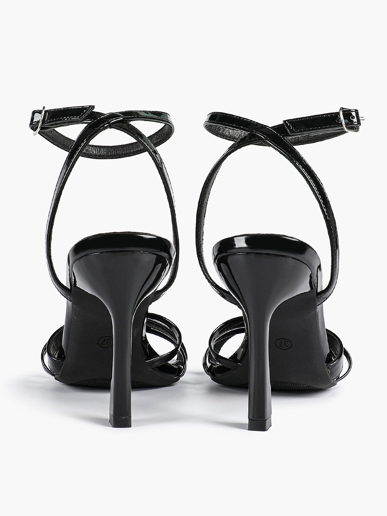 Women's Black Patent Leather Multi-Strap Ankle Strap Heeled Sandals - Summer Party Heels