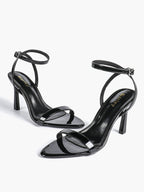 Black Leather Square Toe Ankle Strap High Heel Sandals