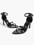 Black Leather Double Strap Heeled Sandals Open Toe - Casual Office Stiletto Pumps