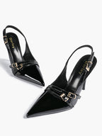Leather Multi Buckle Slingback Pointed Toe Stiletto Heels-Elegant Dress Shoes