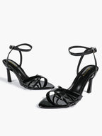 Women's Black Patent Leather Multi-Strap Ankle Strap Heeled Sandals - Summer Party Heels