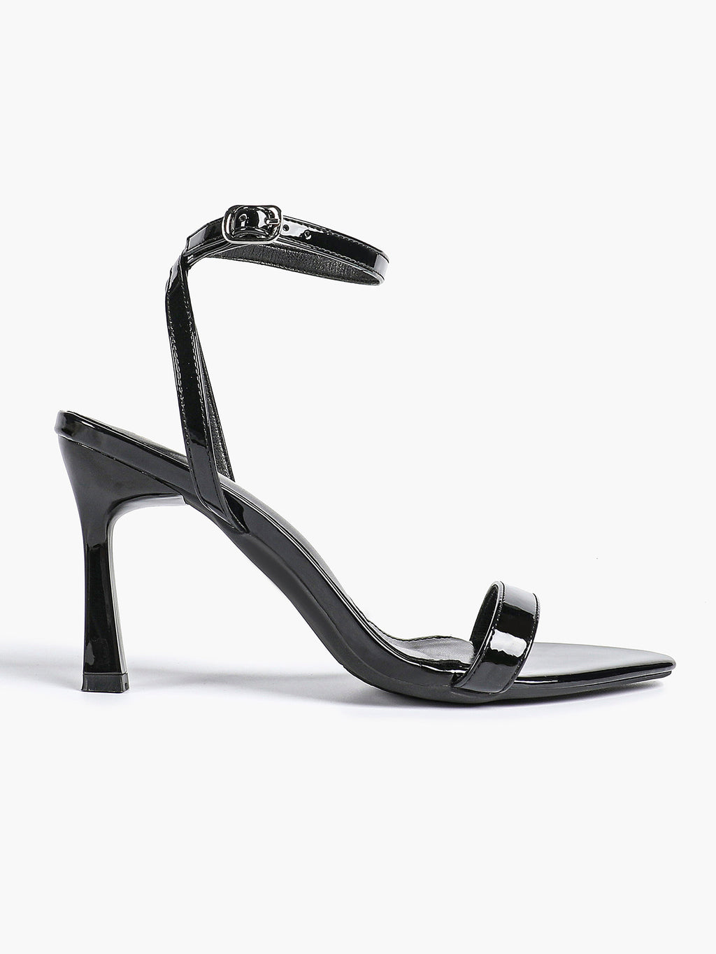 Black Leather Square Toe Ankle Strap High Heel Sandals