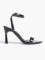 Black Leather Square Toe Ankle Strap High Heel Sandals