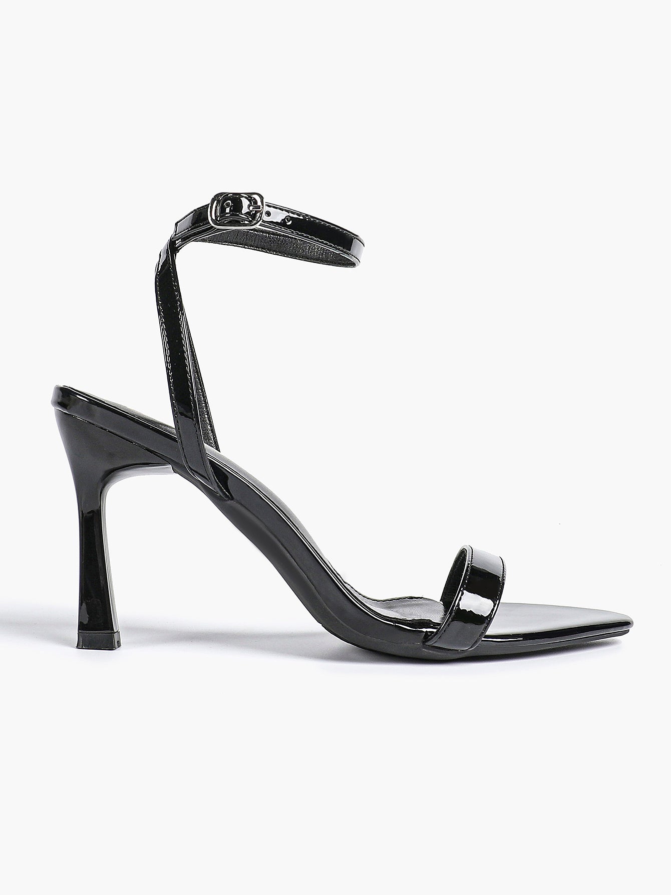 Black Leather Square Toe Ankle Strap High Heel Sandals