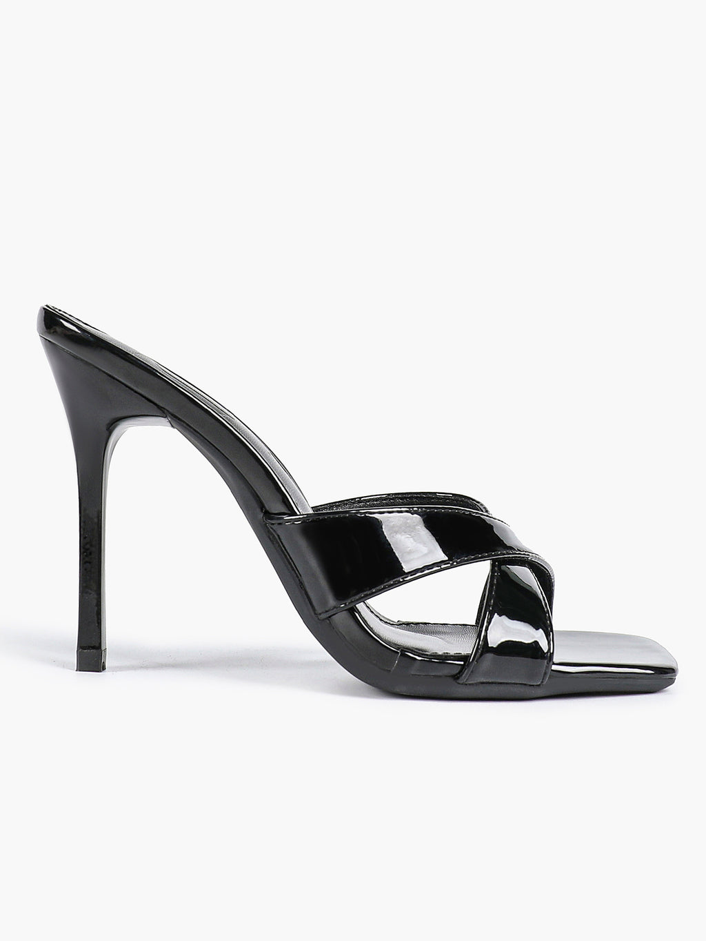 Women's Patent Leather Crisscross Strap High Heel Mules Square Toe Slip-On Stiletto Sandals