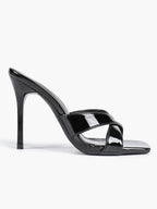 Women's Patent Leather Crisscross Strap High Heel Mules Square Toe Slip-On Stiletto Sandals