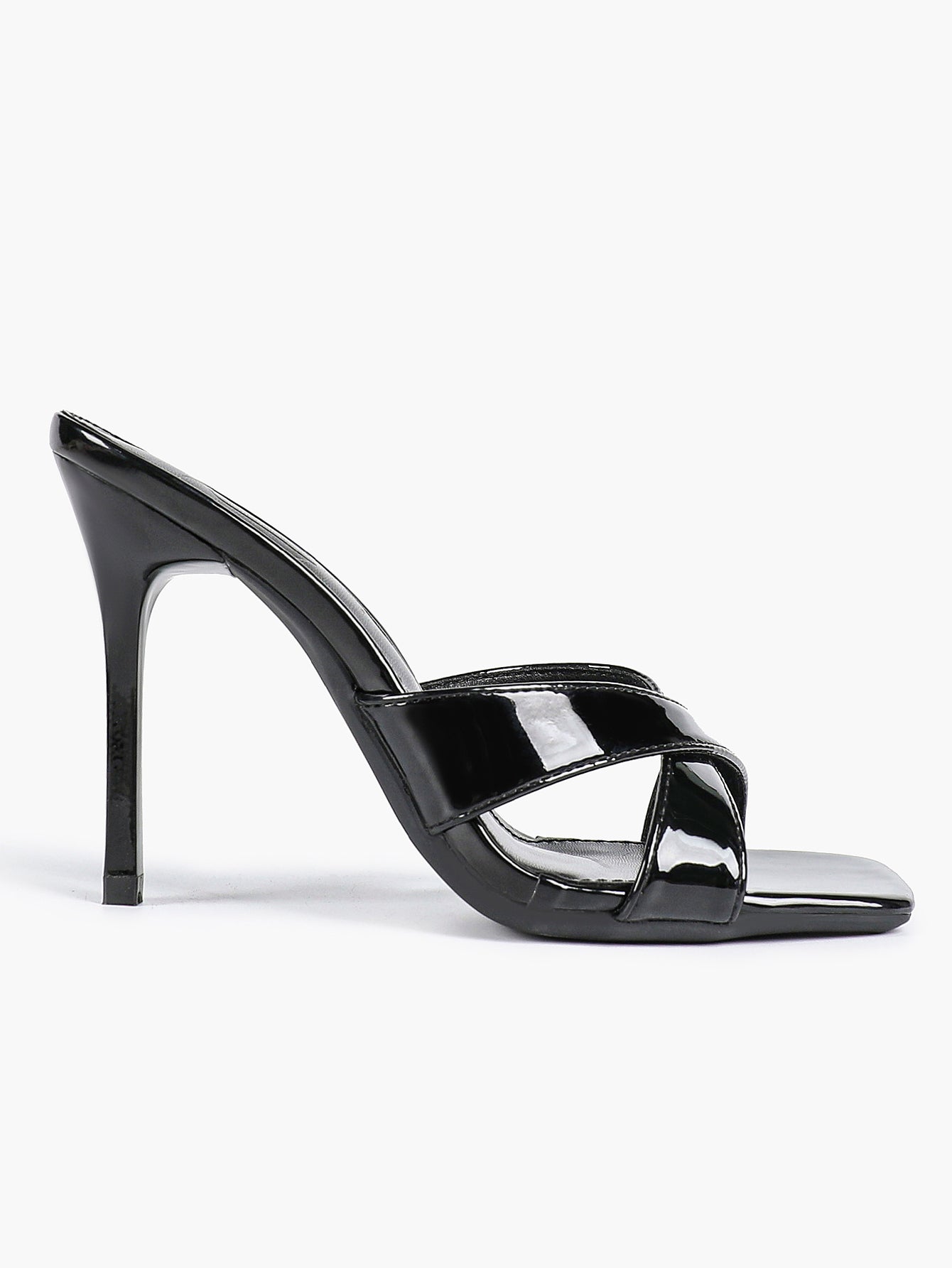 Women's Patent Leather Crisscross Strap High Heel Mules Square Toe Slip-On Stiletto Sandals