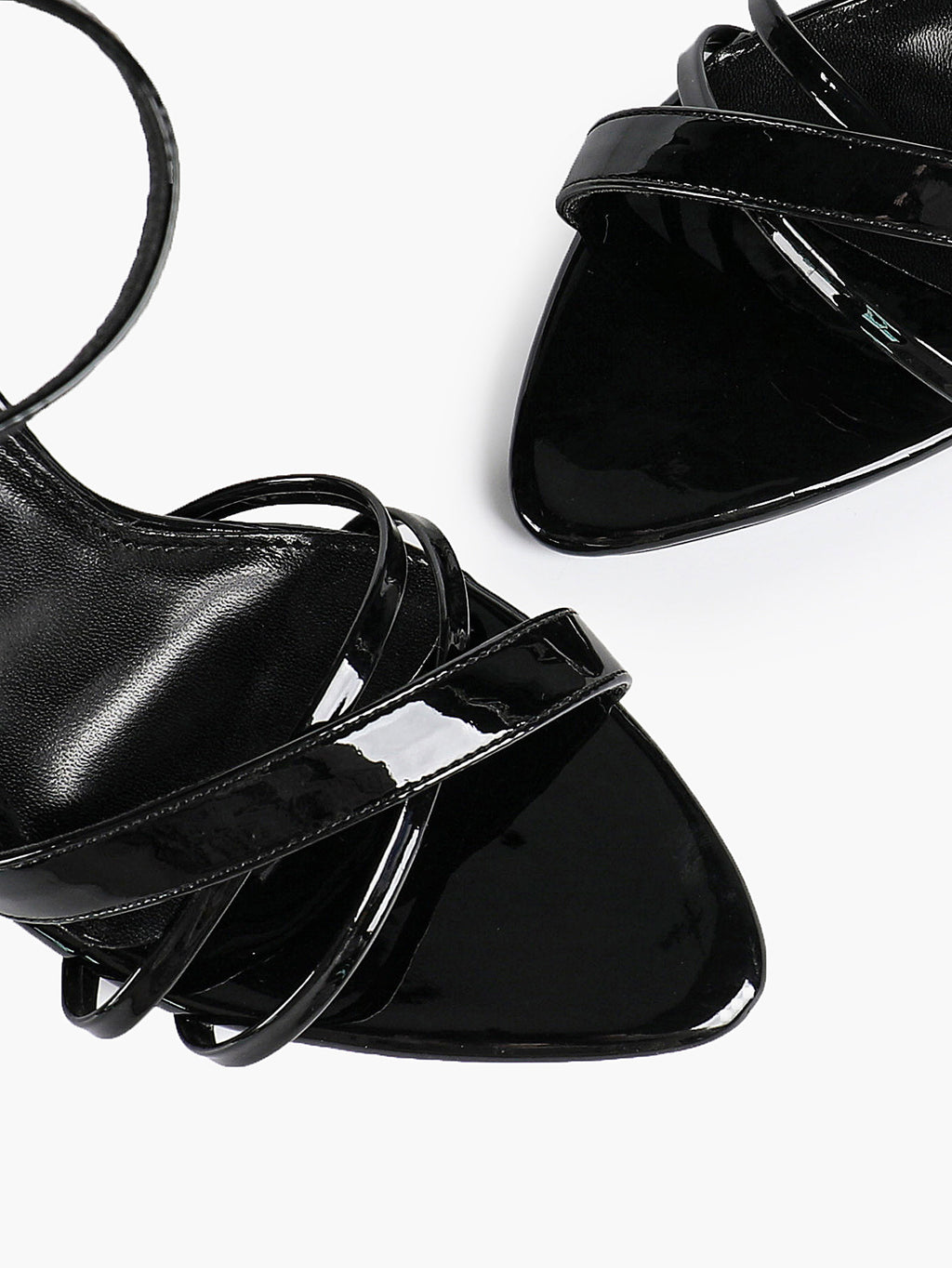 Women's Black Patent Leather Multi-Strap Ankle Strap Heeled Sandals - Summer Party Heels