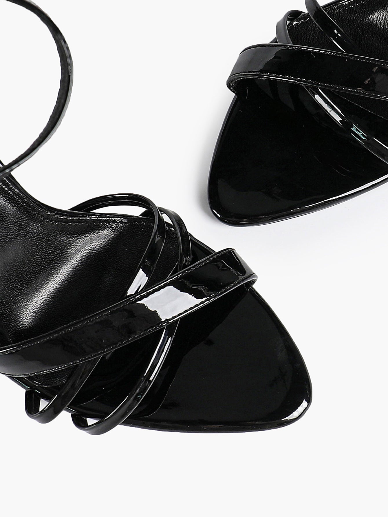 Women's Black Patent Leather Multi-Strap Ankle Strap Heeled Sandals - Summer Party Heels