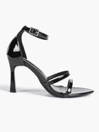 Black Leather Double Strap Heeled Sandals Open Toe - Casual Office Stiletto Pumps