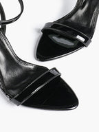 Black Leather Square Toe Ankle Strap High Heel Sandals