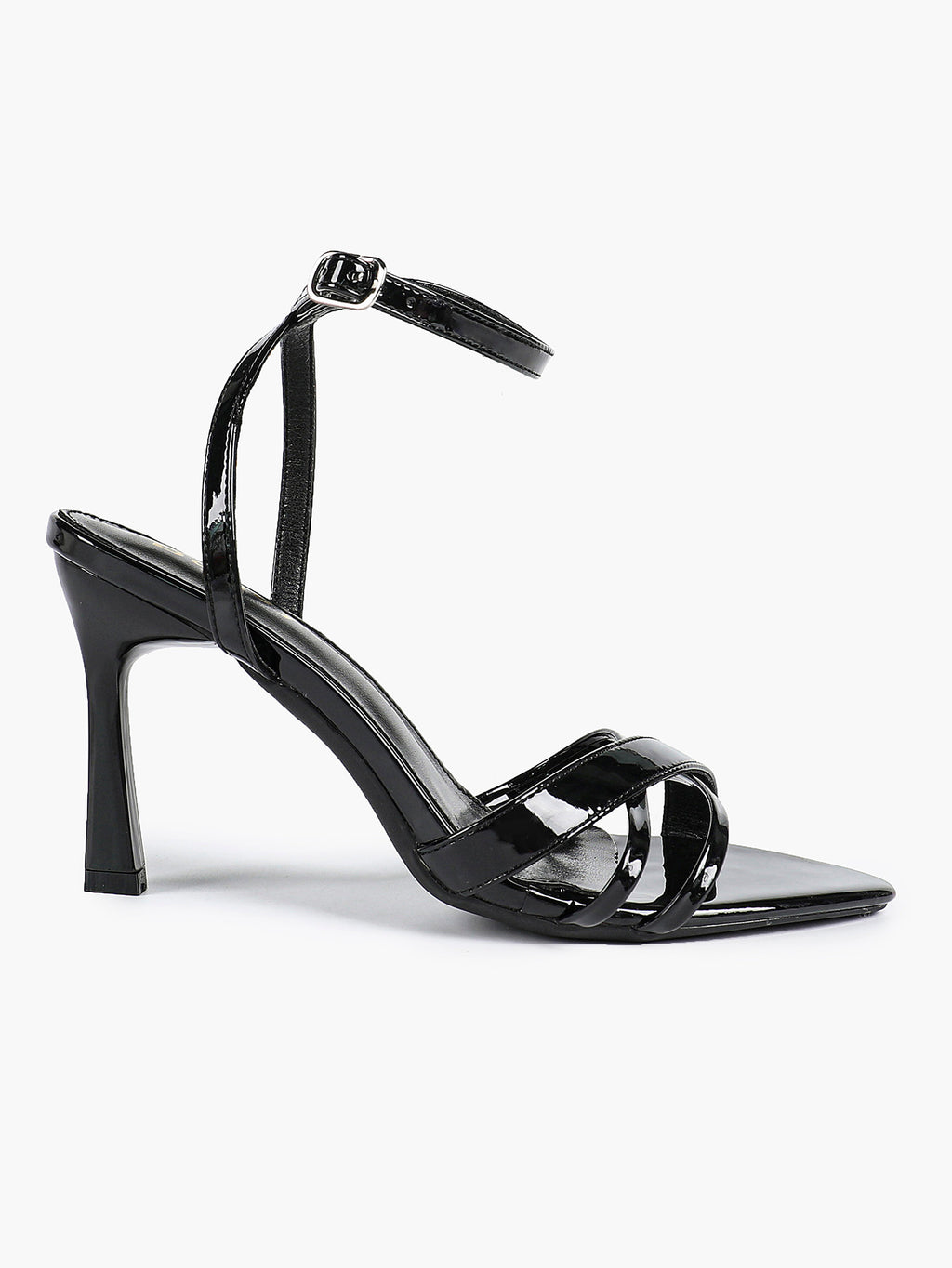 Women's Black Patent Leather Multi-Strap Ankle Strap Heeled Sandals - Summer Party Heels