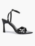 Women's Black Patent Leather Multi-Strap Ankle Strap Heeled Sandals - Summer Party Heels