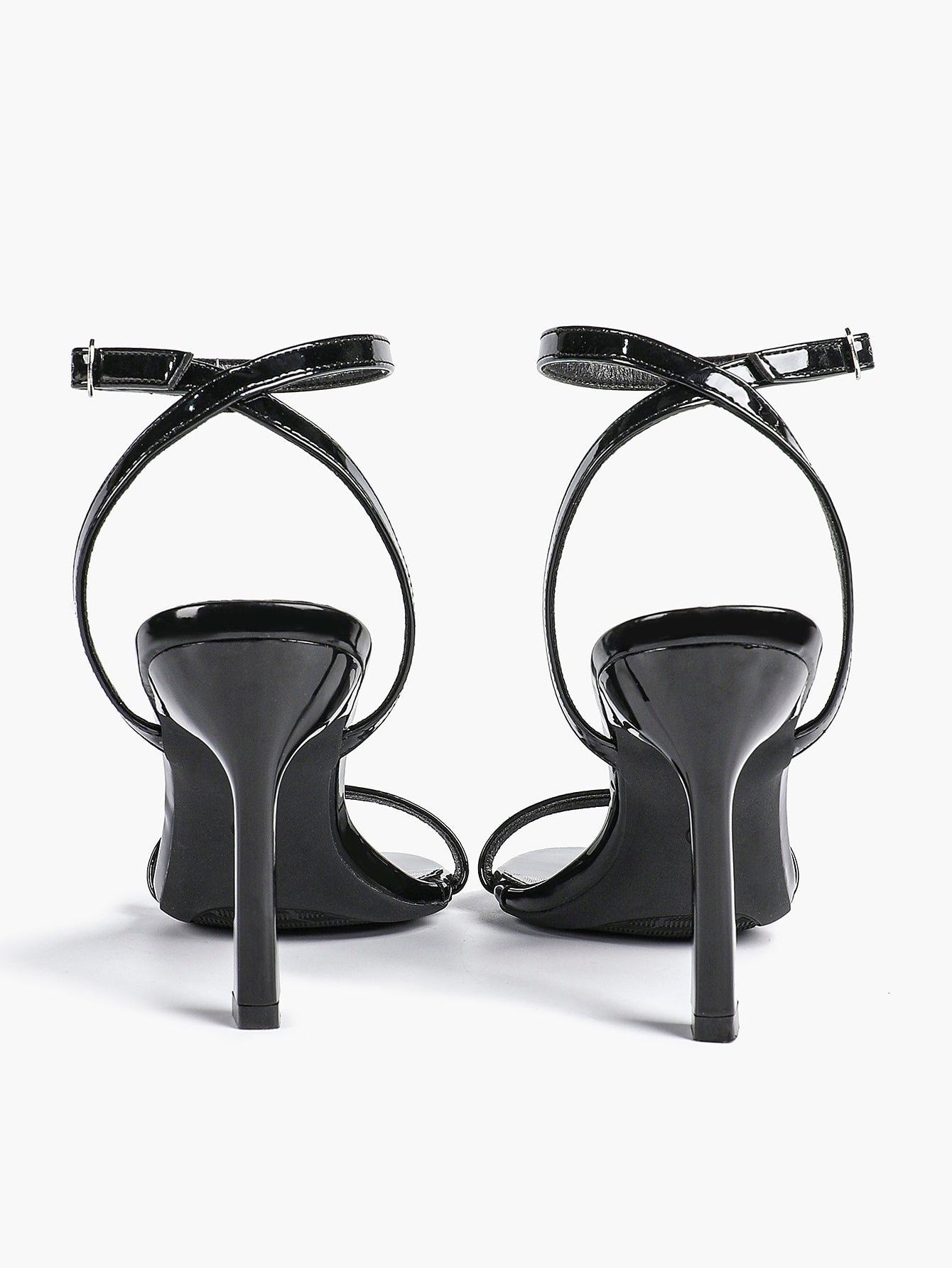 Black Leather Square Toe Ankle Strap High Heel Sandals
