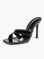 Women's Patent Leather Crisscross Strap High Heel Mules Square Toe Slip-On Stiletto Sandals