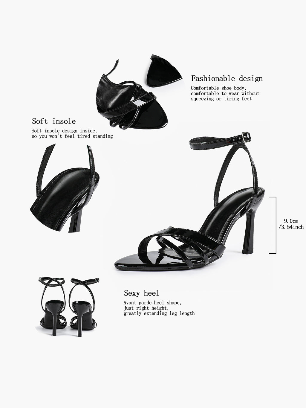 Women's Black Patent Leather Multi-Strap Ankle Strap Heeled Sandals - Summer Party Heels