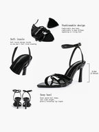 Women's Black Patent Leather Multi-Strap Ankle Strap Heeled Sandals - Summer Party Heels