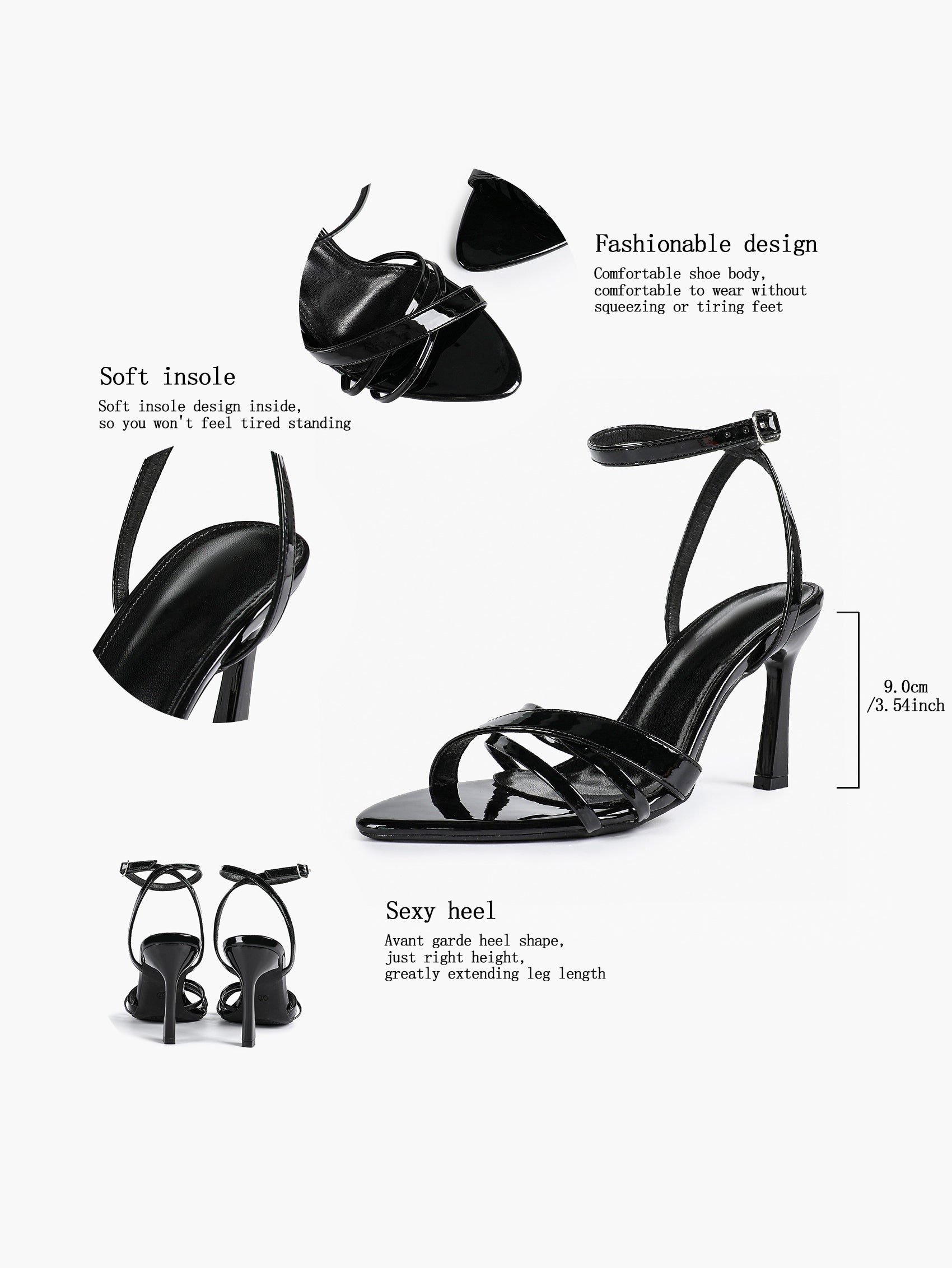 Women's Black Patent Leather Multi-Strap Ankle Strap Heeled Sandals - Summer Party Heels