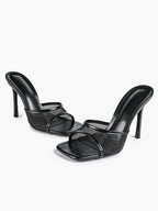 Women's Pink Mesh Panel Heel Mules Square Toe Slip-On Stiletto Sandals Party Date Shoes