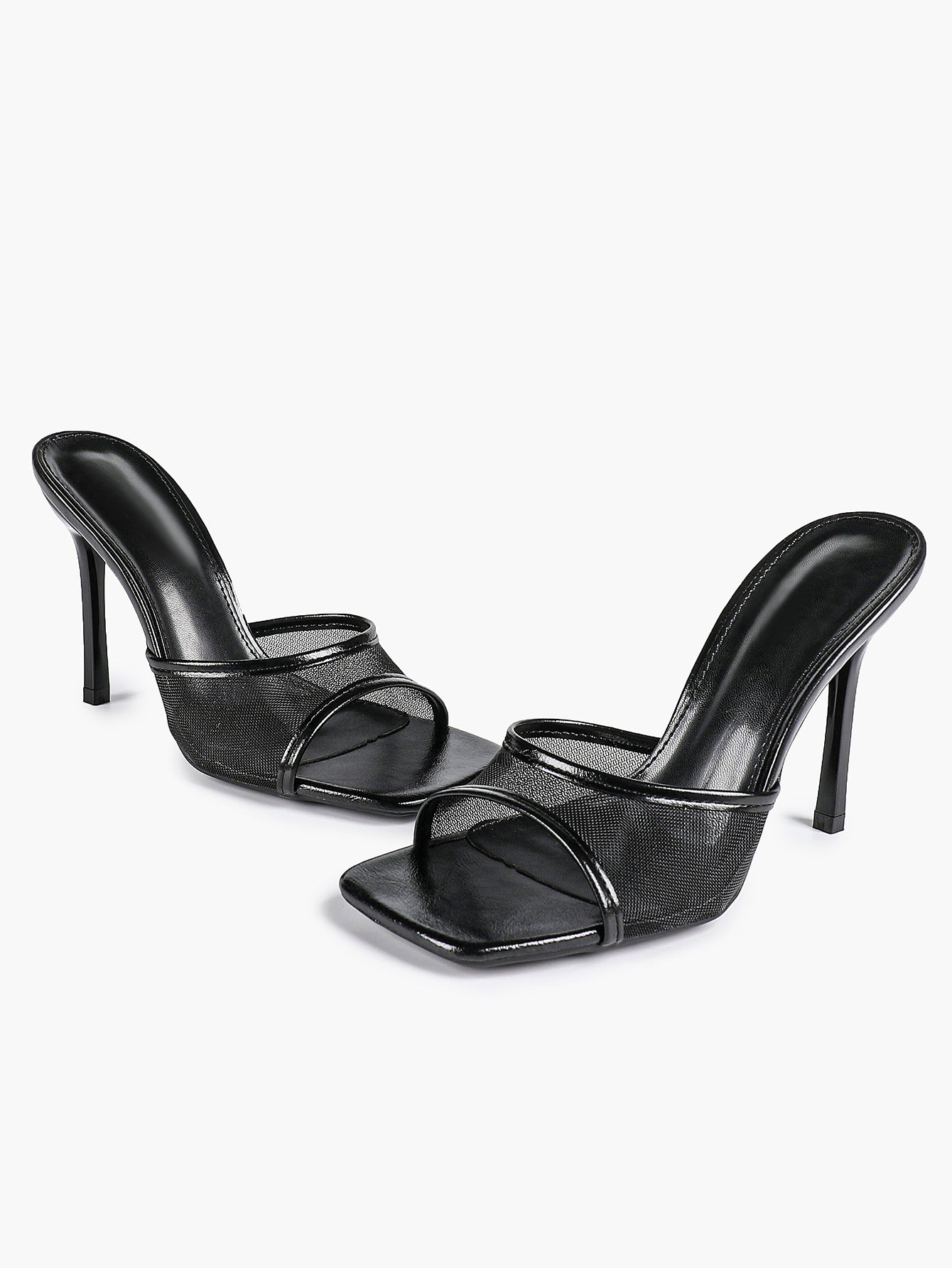 Women's Pink Mesh Panel Heel Mules Square Toe Slip-On Stiletto Sandals Party Date Shoes