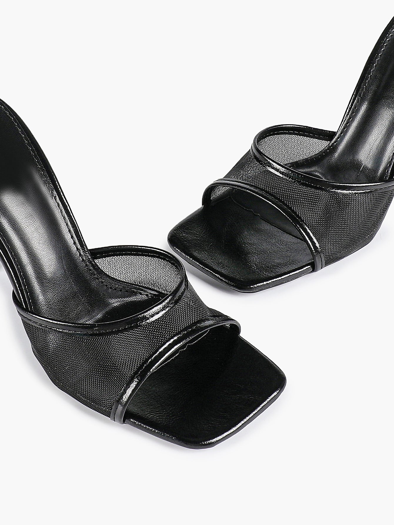 Women's Pink Mesh Panel Heel Mules Square Toe Slip-On Stiletto Sandals Party Date Shoes