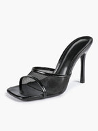 Women's Pink Mesh Panel Heel Mules Square Toe Slip-On Stiletto Sandals Party Date Shoes