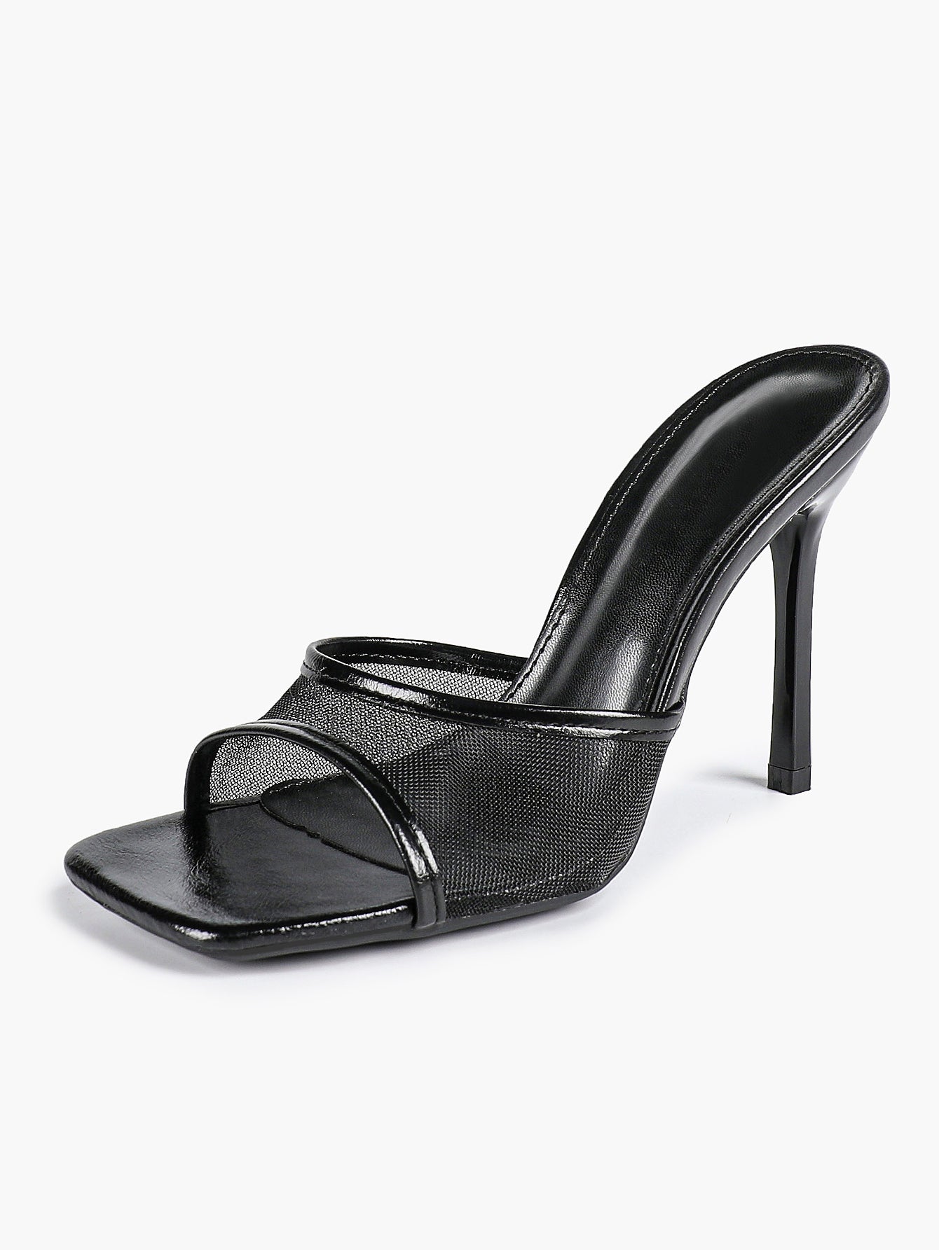 Women's Pink Mesh Panel Heel Mules Square Toe Slip-On Stiletto Sandals Party Date Shoes
