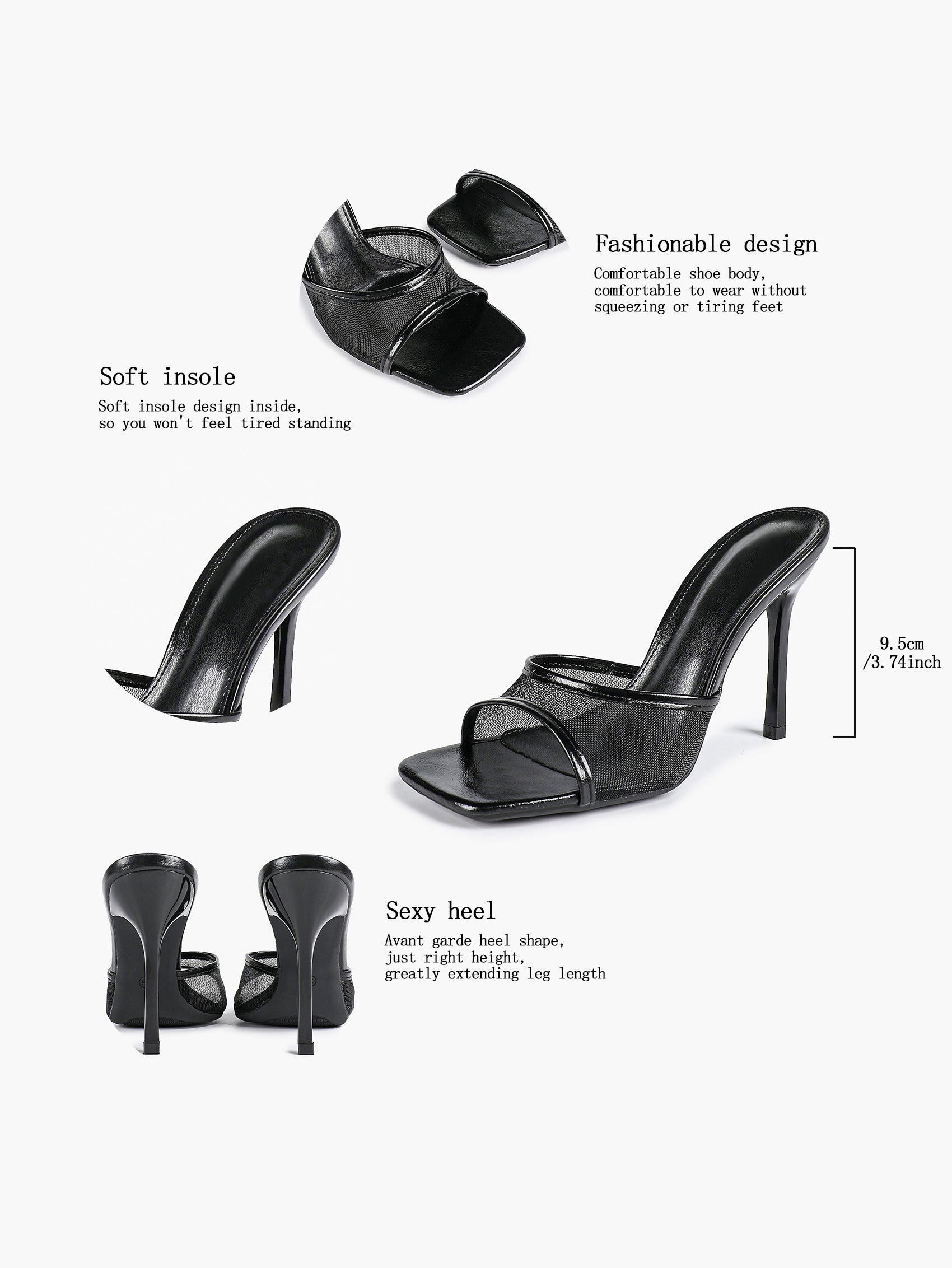 Women's Pink Mesh Panel Heel Mules Square Toe Slip-On Stiletto Sandals Party Date Shoes