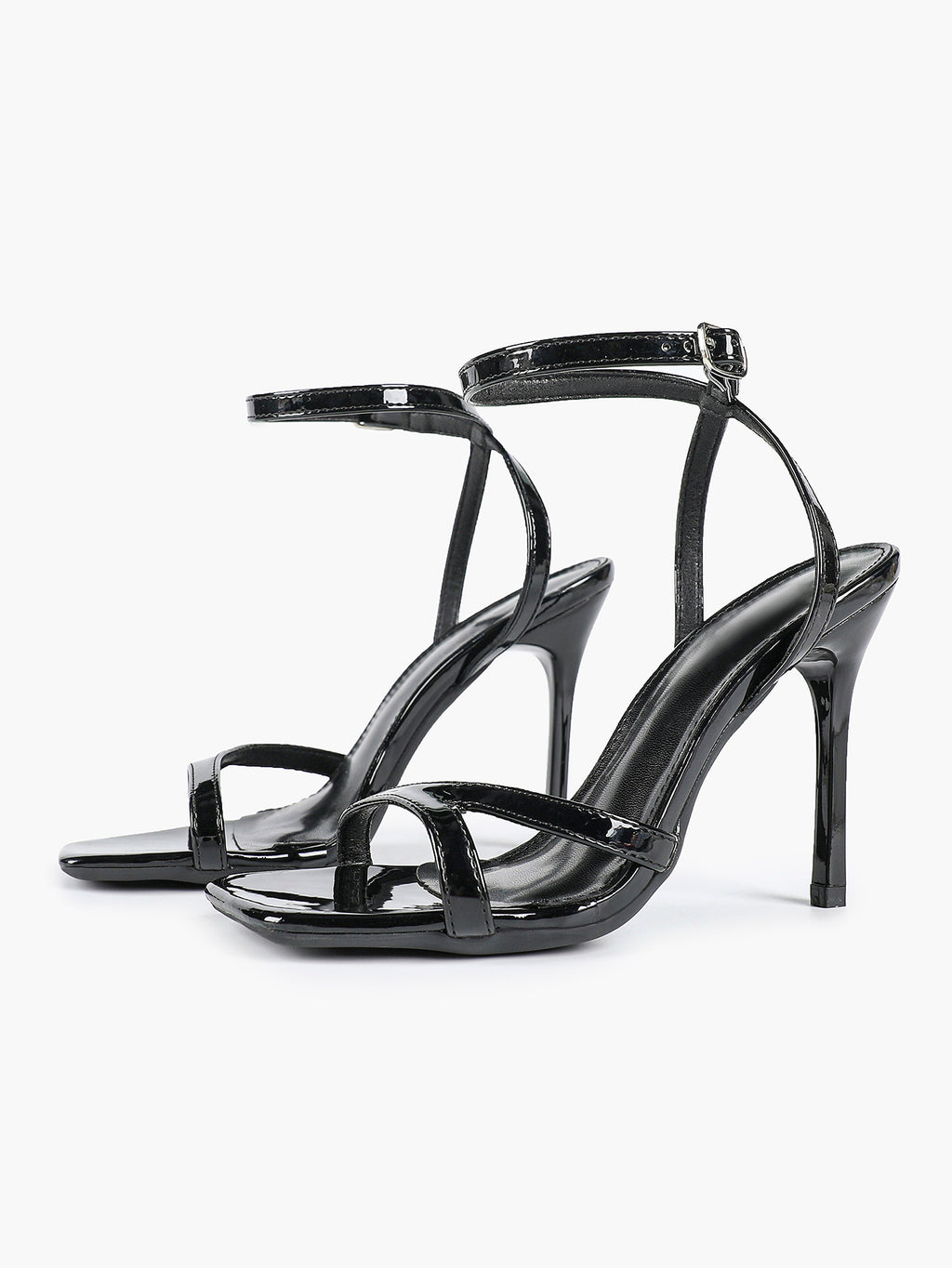 Black Patent Leather Ankle Strap Heeled Sandals Square Toe Stiletto Pumps