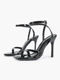 Black Patent Leather Ankle Strap Heeled Sandals Square Toe Stiletto Pumps