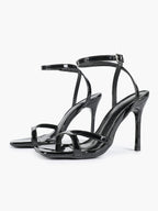 Black Patent Leather Ankle Strap Heeled Sandals Square Toe Stiletto Pumps