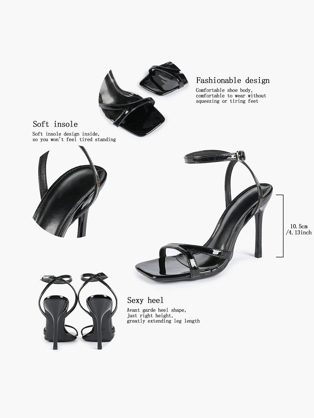 Black Patent Leather Ankle Strap Heeled Sandals Square Toe Stiletto Pumps