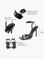 Black Patent Leather Ankle Strap Heeled Sandals Square Toe Stiletto Pumps
