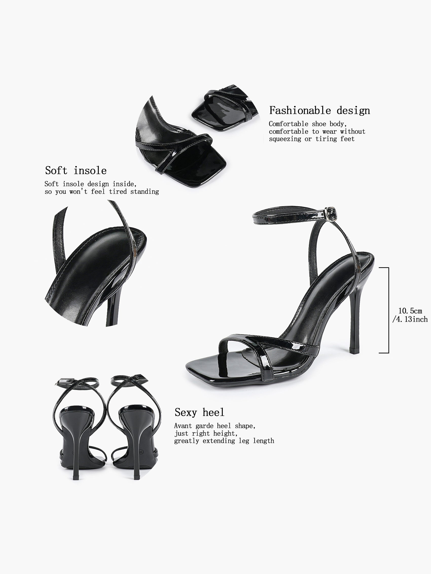 Black Patent Leather Ankle Strap Heeled Sandals Square Toe Stiletto Pumps