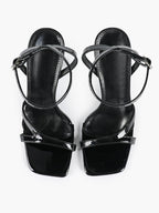 Black Patent Leather Ankle Strap Heeled Sandals Square Toe Stiletto Pumps