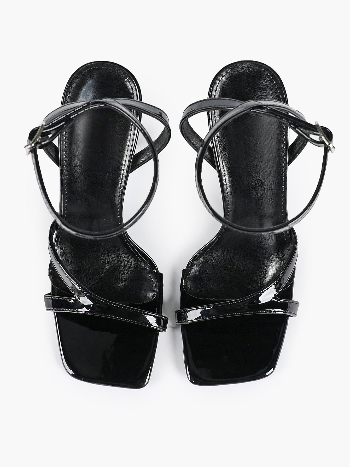 Black Patent Leather Ankle Strap Heeled Sandals Square Toe Stiletto Pumps