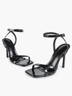 Black Patent Leather Ankle Strap Heeled Sandals Square Toe Stiletto Pumps