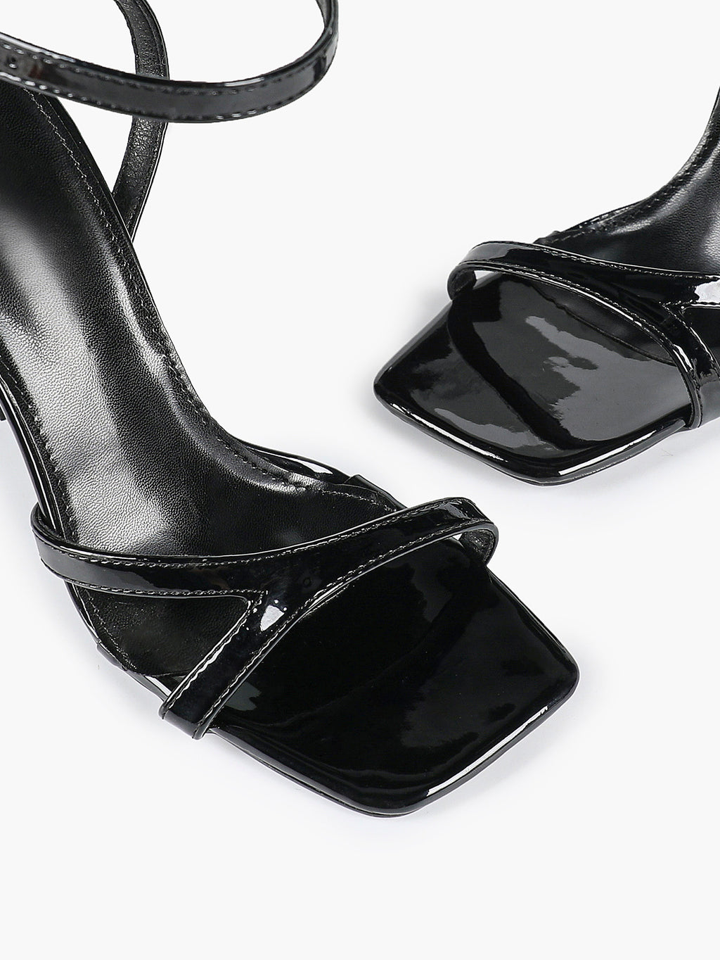 Black Patent Leather Ankle Strap Heeled Sandals Square Toe Stiletto Pumps