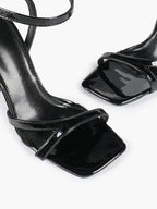 Black Patent Leather Ankle Strap Heeled Sandals Square Toe Stiletto Pumps