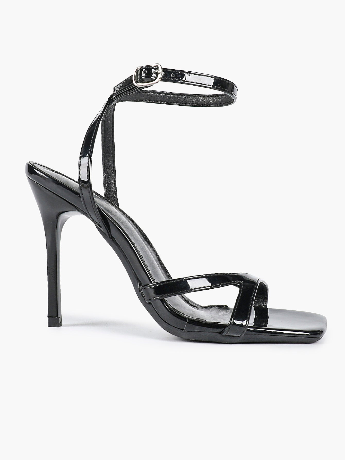 Black Patent Leather Ankle Strap Heeled Sandals Square Toe Stiletto Pumps