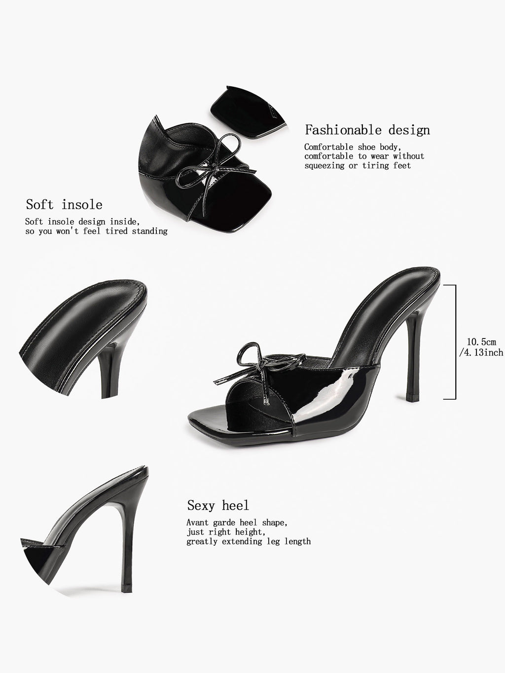The Cool-Girl Bow: Black Patent Square-Toe Mules with a 4.13" Stiletto