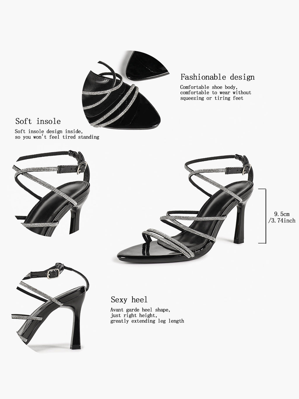 Night Sparkle: Black Patent Crystal Strap Sandals for Unforgettable Evening Glamour