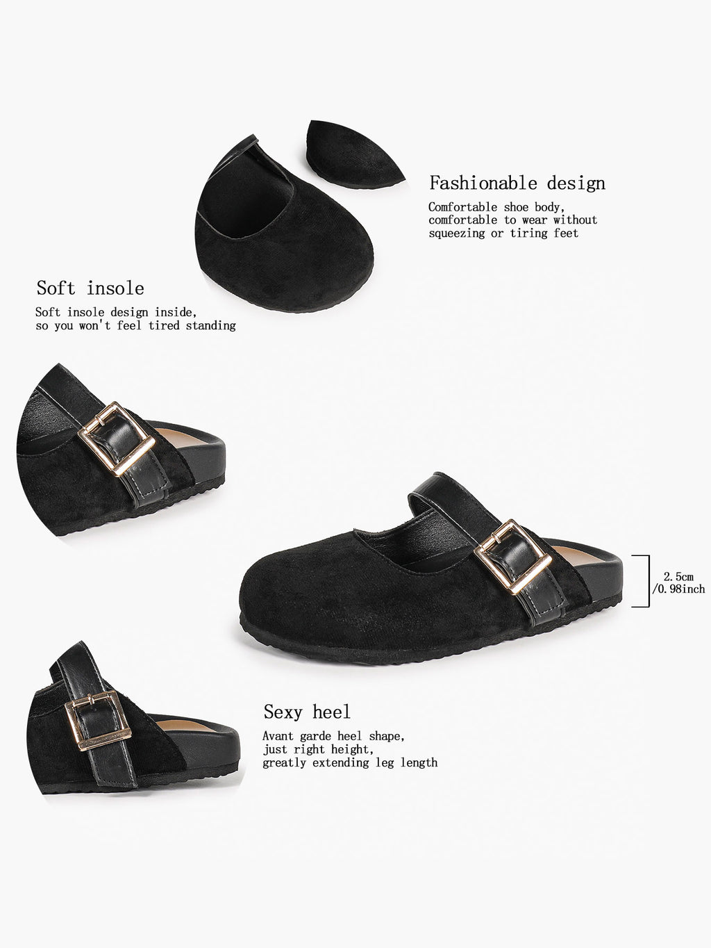 Black Suede Mary Jane Mule with Gold-Tone Buckle and Cushioned Sole