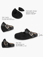Black Suede Mary Jane Mule with Gold-Tone Buckle and Cushioned Sole